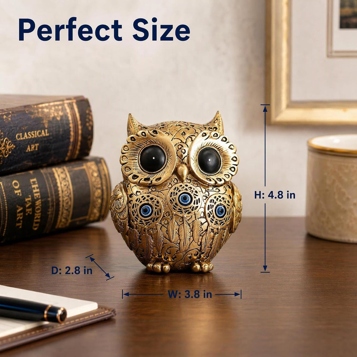 FormaHaven Vintage Gold Owl Figurine – Blue Evil Eye Decorative Statue