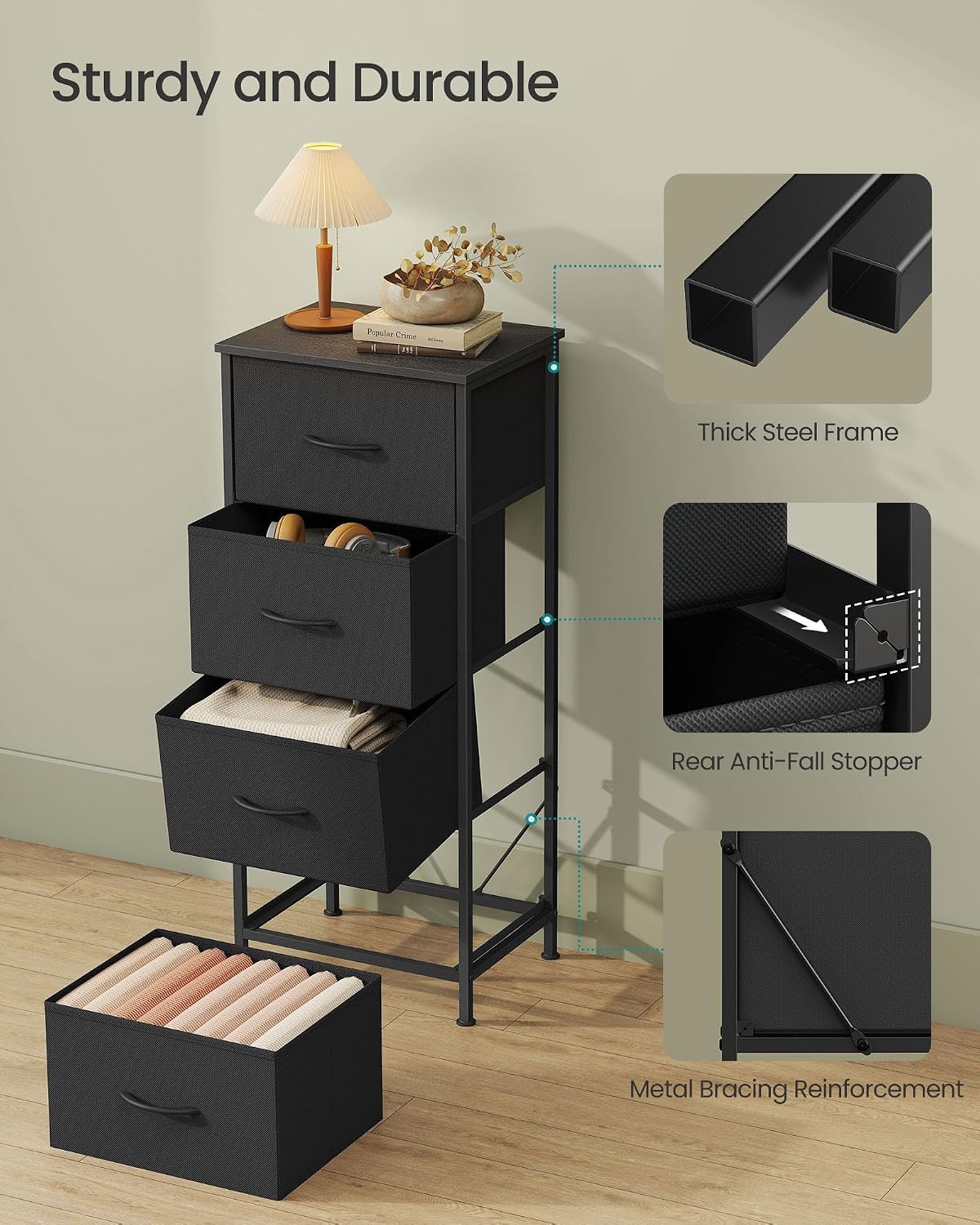 FormaHaven 4-Drawer Fabric Dresser with Steel Frame – Modern Storage Tower