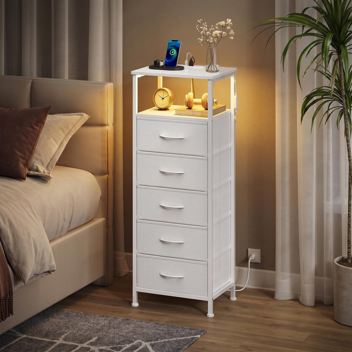 FormaHaven Smart LED Nightstand with Charging Station – 2 Drawers & Open Shelves