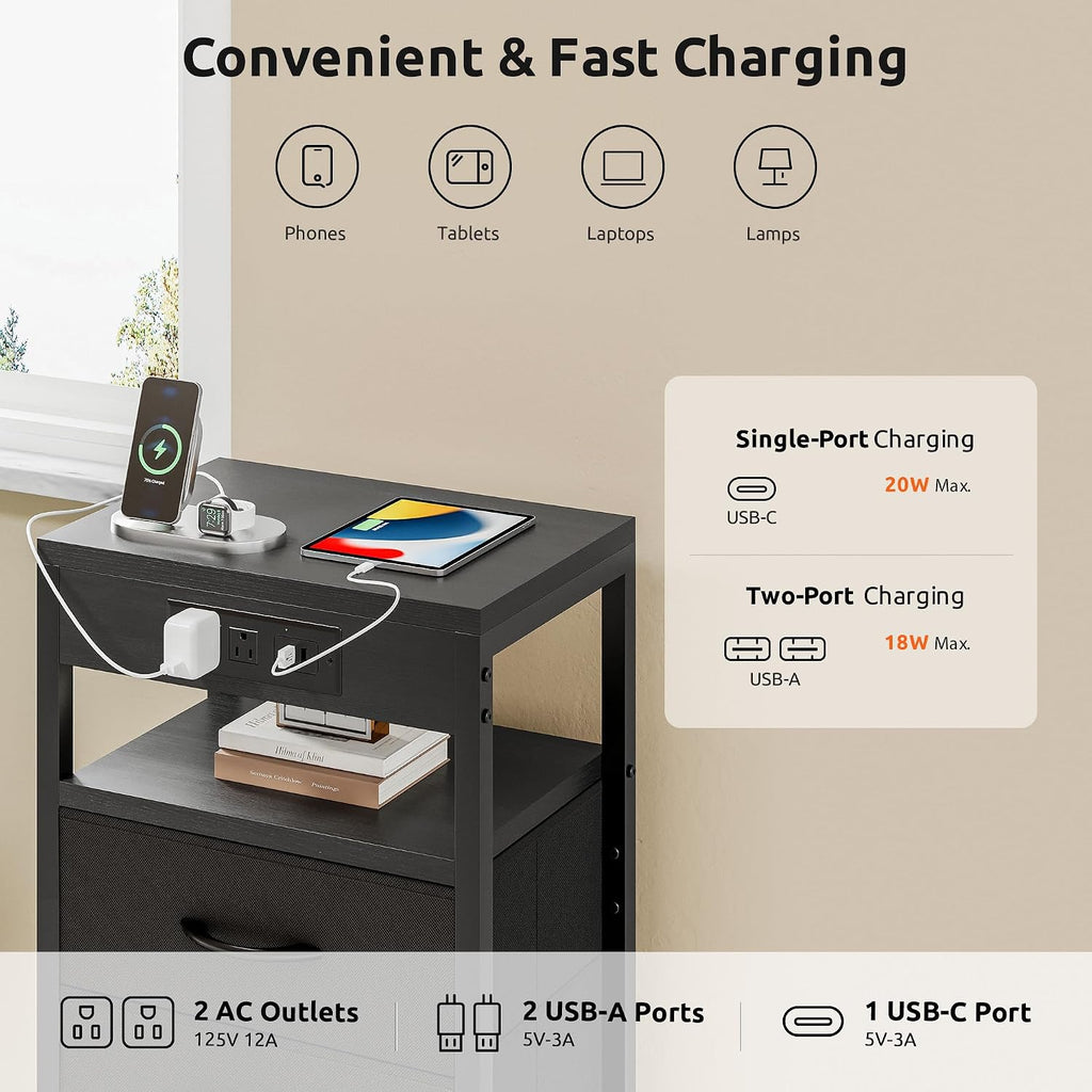 FormaHaven Black Nightstand with Charging Station – 2 Fabric Drawers & Open Shelf