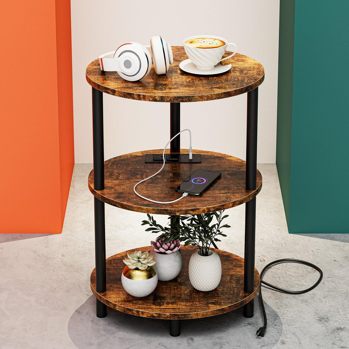 FormaHaven 3-Tier Rustic Wood Side Table with Black Metal Legs