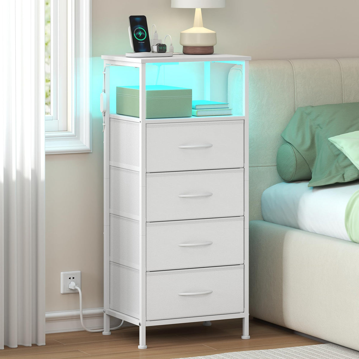 FormaHaven Smart LED Nightstand with Charging Station – 2 Drawers & Open Shelves