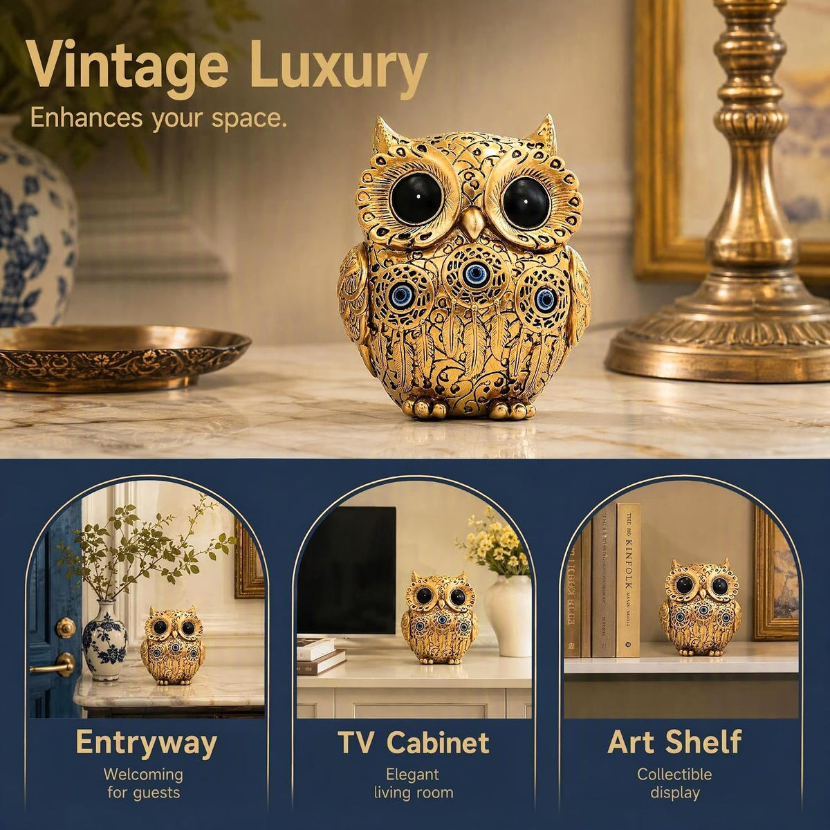 FormaHaven Vintage Gold Owl Figurine – Blue Evil Eye Decorative Statue