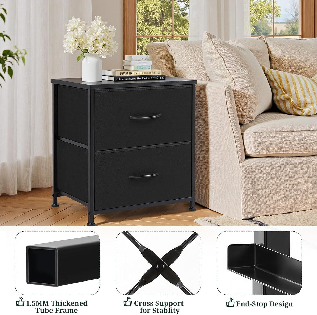 FormaHaven 2-Drawer Nightstand with Fabric Drawers – Steel Frame Side Table