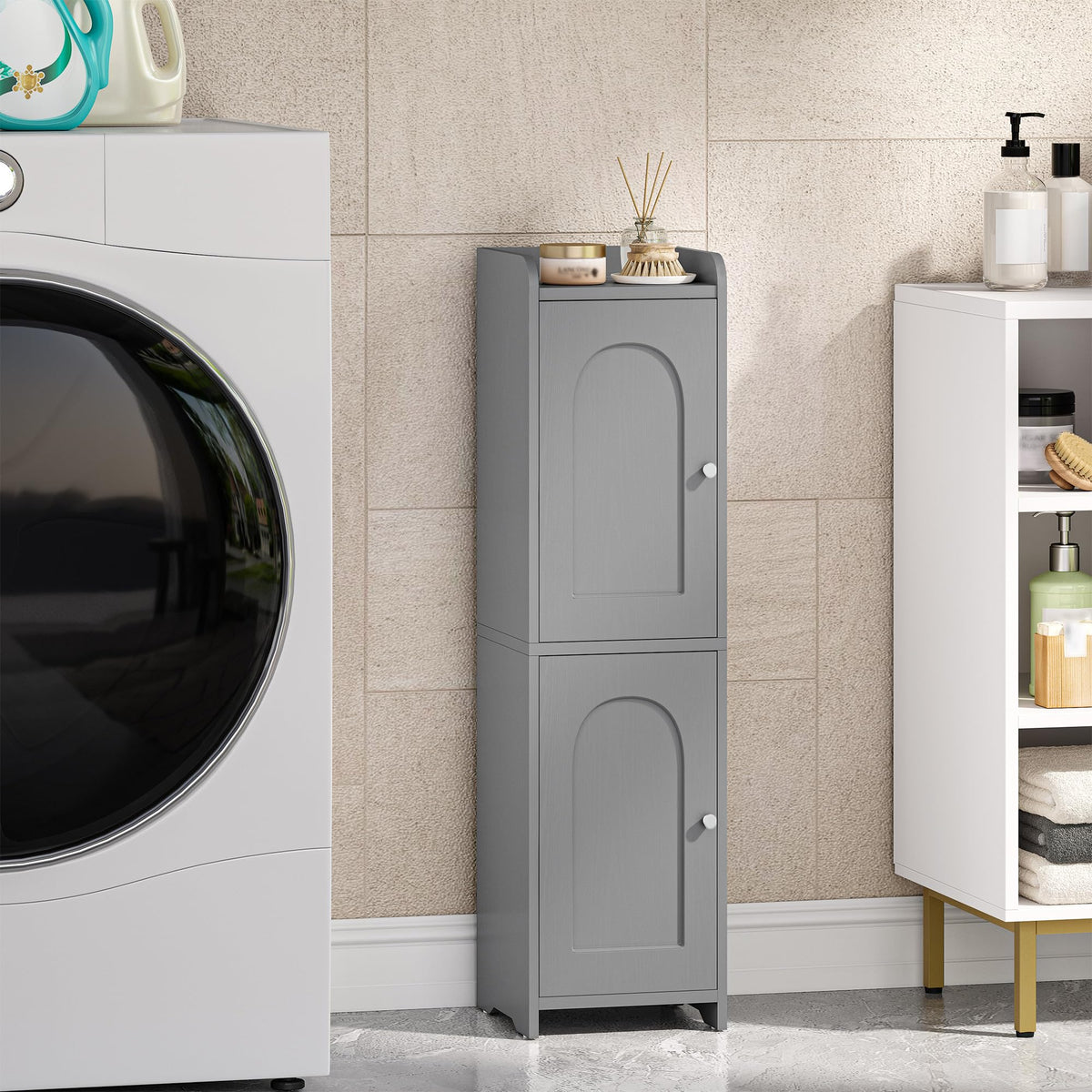 FormaHaven Slim Bathroom Storage Cabinet with 2 Doors – Adjustable Shelves, Arched Design