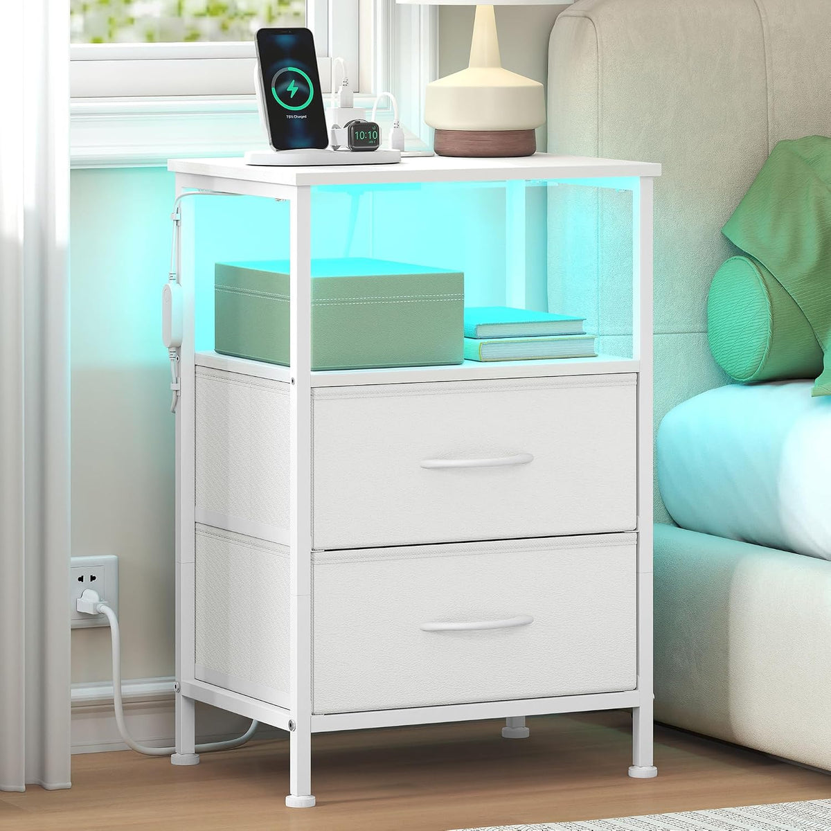 FormaHaven Smart LED Nightstand with Charging Station – 2 Drawers & Open Shelves