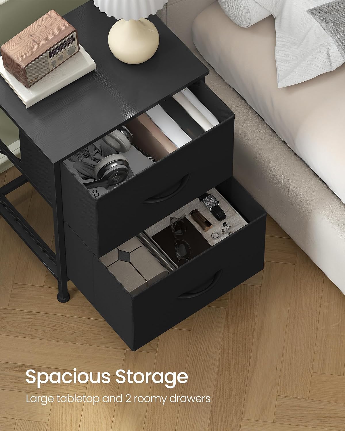 FormaHaven 2-Drawer Nightstand with Fabric Drawers – Steel Frame Bedside Table