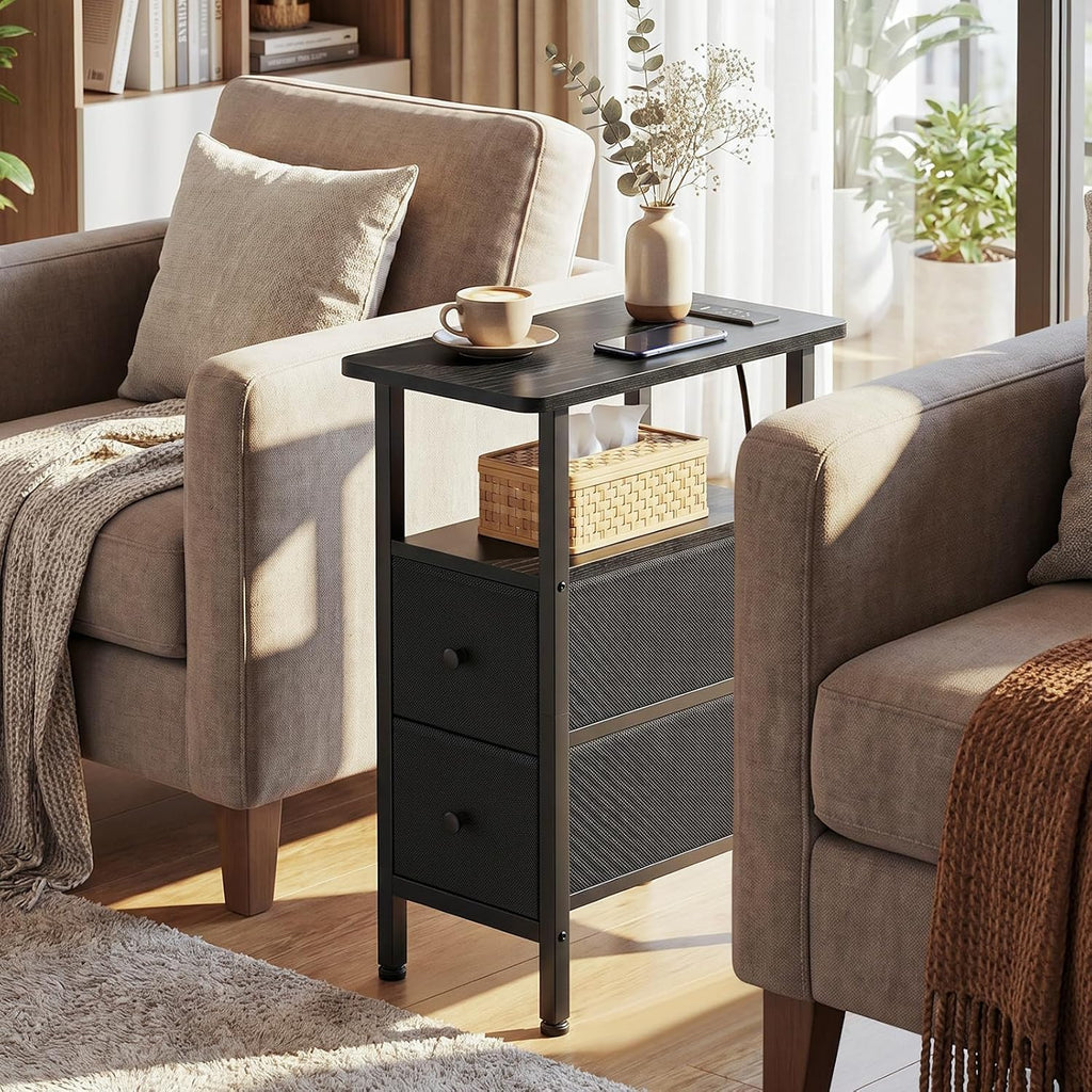 FormaHaven Narrow End Table with Charging Station – 2 Drawers & Open Shelves