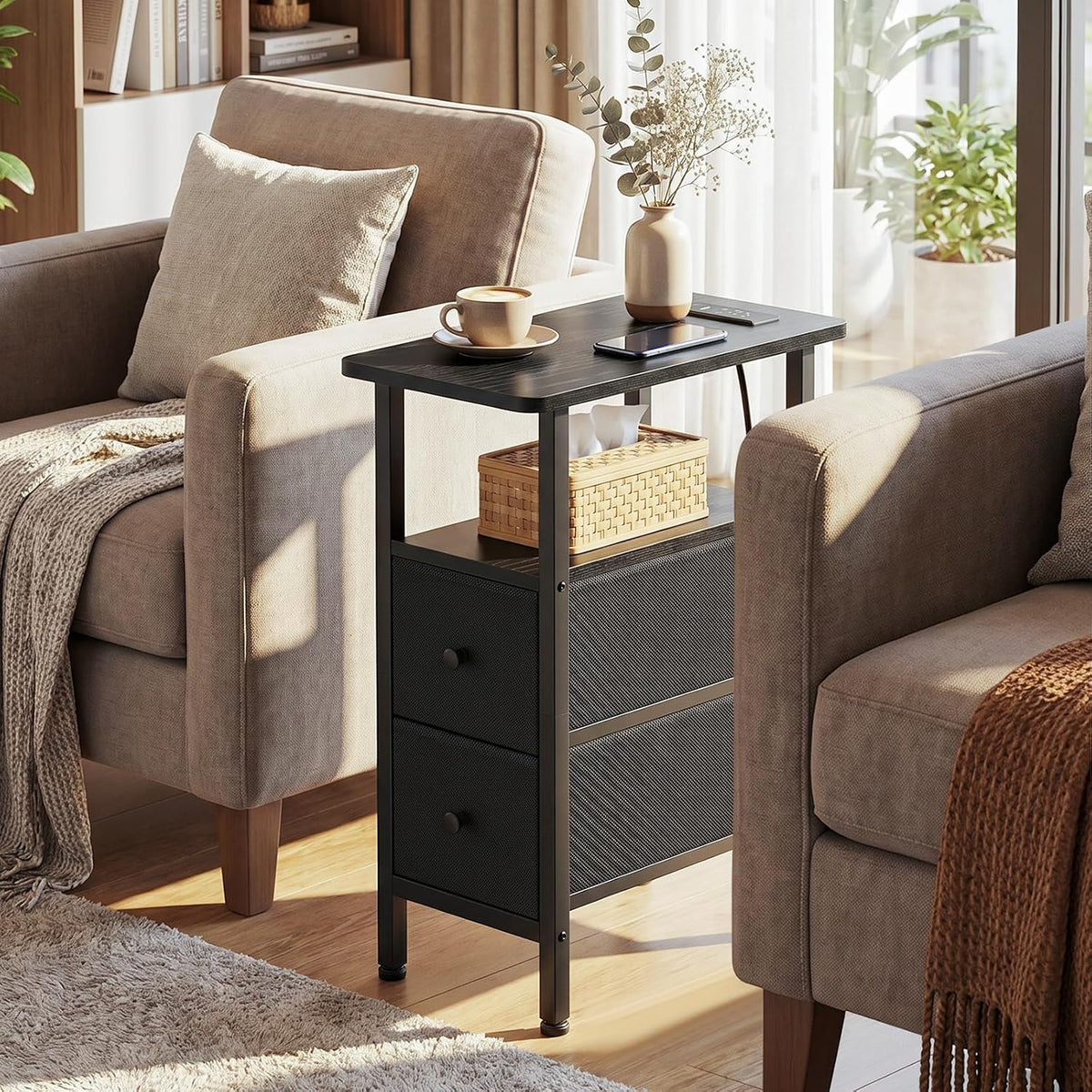 FormaHaven Narrow End Table with Charging Station – 2 Drawers & Open Shelves