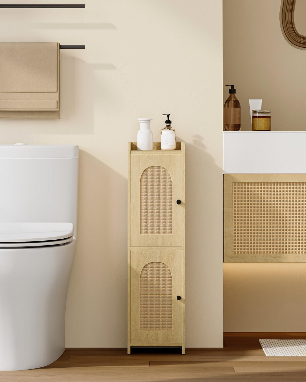 FormaHaven Slim Bathroom Storage Cabinet with 2 Doors – Adjustable Shelves, Arched Design