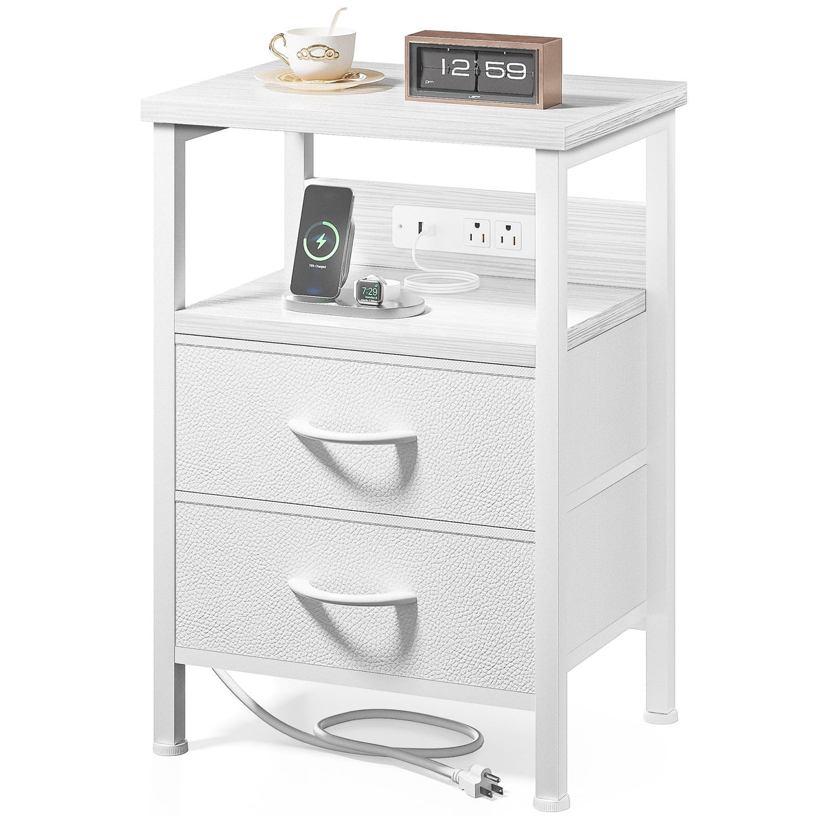 FormaHaven Black Nightstand with Charging Station – 2 Fabric Drawers & Open Shelf