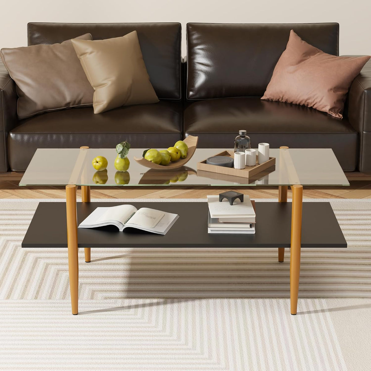 FormaHaven Modern 2-Tier Glass Coffee Table with Metal Frame