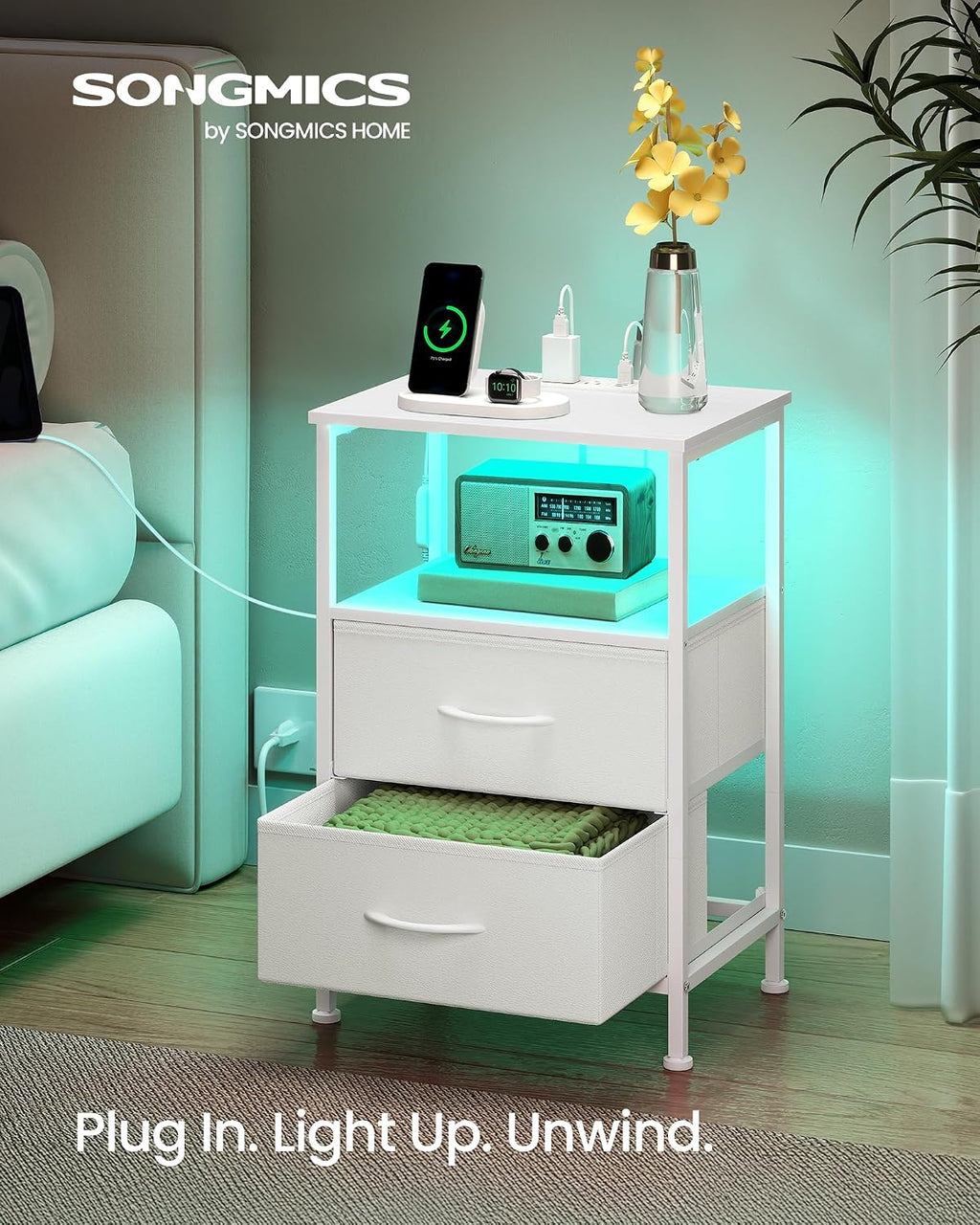 FormaHaven Smart LED Nightstand with Charging Station – 2 Drawers & Open Shelves